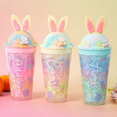 Personalized Name Waffle Rabbit Ice Cream Cup, Cute Bunny Leak-Proof 15oz Water Bottle with Straw, Easter/Birthday/Christmas Gift for Kids/Boys/Girls