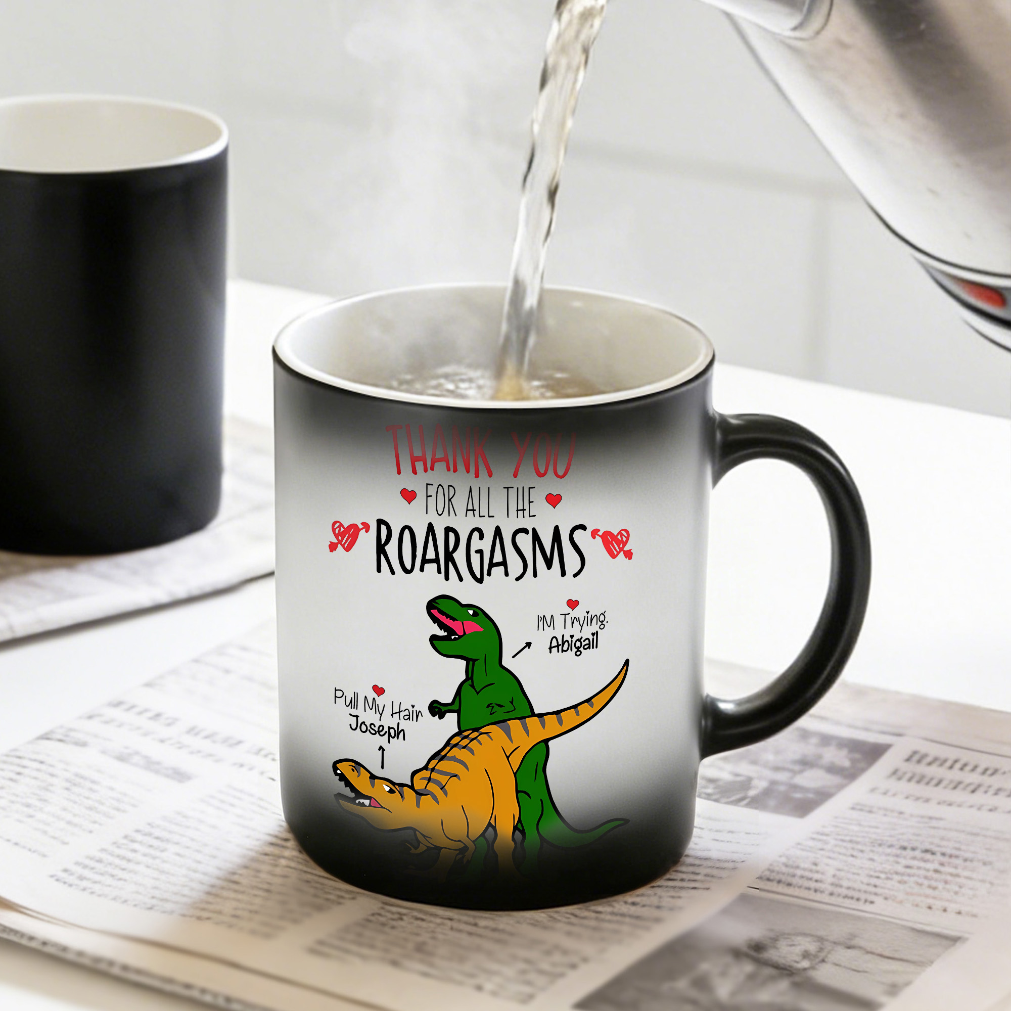Personalized Funny T-Rex Couple Heat-Activated Mug with Names, 12oz Ceramic Coffee Mug, Anniversary/Valentine's Day Gift for Her/Him/Couples