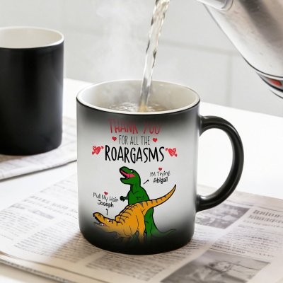 Personalized Funny T-Rex Couple Heat-Activated Mug with Names, 12oz Ceramic Coffee Mug, Anniversary/Valentine's Day Gift for Her/Him/Couples