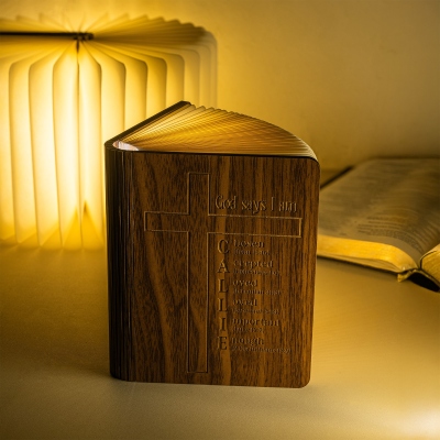 Custom Engraved Cross Bible Verses Wooden 3-Color LED Book Lamp, Religious Folding Night Light, Baptism/Christmas Gift for Christian Family/Friends
