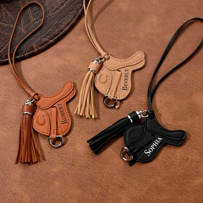Personalized Name Leather Saddle Bag Charm with Tassel, Equestrian Keychain Purse Accessory, Birthday/Anniversary Gift for Horse Lovers/Riders