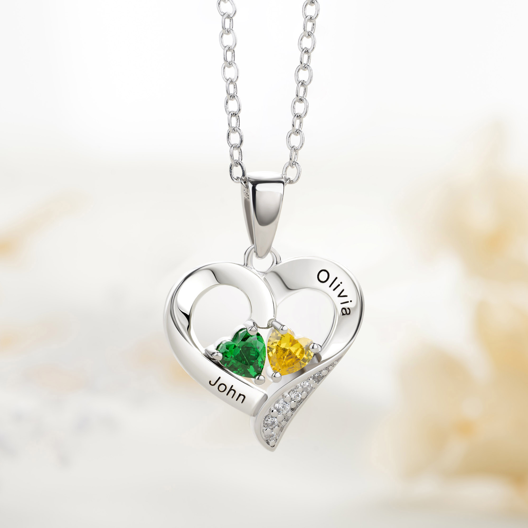 Personalized Heart Pendant Necklace with Two Birthstones & Names, Dainty Women's Jewelry, Valentine's Day/Anniversary Gift for Her/Wife/Couple