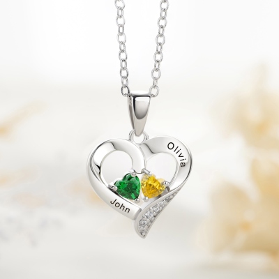 Personalized Heart Pendant Necklace with Two Birthstones & Names, Dainty Women's Jewelry, Valentine's Day/Anniversary Gift for Her/Wife/Couple