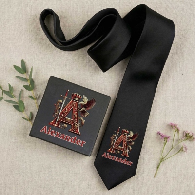 Personalized Name Eagle & Sword Crown Alphabet Tie with Box, Multicolor Men's Tie, Father's Day/Birthday/Wedding Gift for Dad/Grandpa/Him/Best Men
