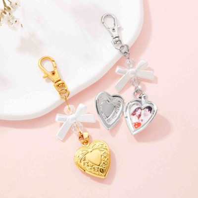 Personalized Photo Heart Locket Keychain with Coquette Bow, Bag Charm Backpack Accessory, Birthday/Anniversary/Valentine's Day Gift for Mom/Her/Couple