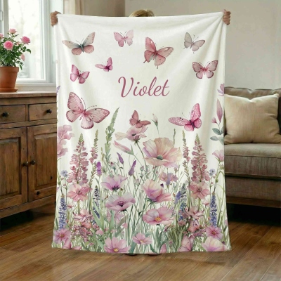 Custom Name Pink Wildflower Butterfly Baby Girl Blanket, Flannel/Sherpa Bed Couch Throw, Nursery Decor, Baby Shower/Birthday Gift for Newborns/Kids