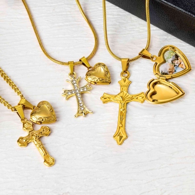 Personalized Photo Cross Heart Locket Necklace, Crucifix Religious Jewelry, Birthday/Anniversary/Baptism Gift for Christian Women/Family/Friends