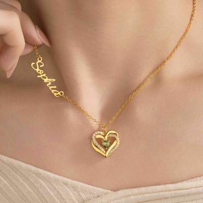Personalized Birthstone & Name Heart Shape Necklace, Custom Name Jewelry, Elegant Design, Gift for Her, Christmas Gift