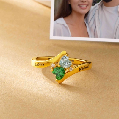 Custom Engraved Double Heart Birthstones Ring, Sterling Silver 925 Dainty Promise Ring, Wedding/Anniversary/Valentine's Day Gift for Her/Wife/Couple