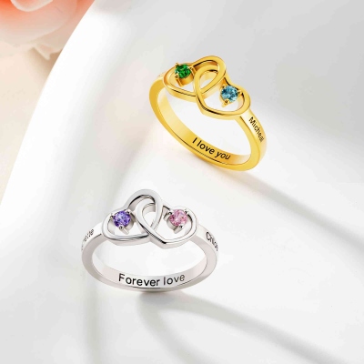 Custom Engraved Interlocking Two Hearts Ring with Birthstones, Sterling Silver 925 Dainty Promise Ring, Anniversary/Valentine's Day Gift for Her/Wife