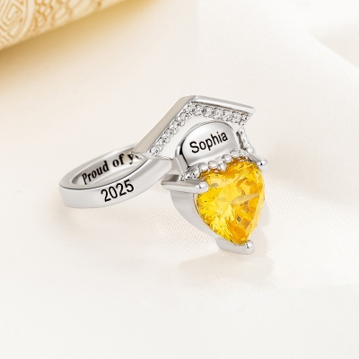 Custom Engraved Graduation Cap Ring with Heart Birthstone, High School University Class Ring, Class of 2025 Graduation Jewelry, Gift for Graduates