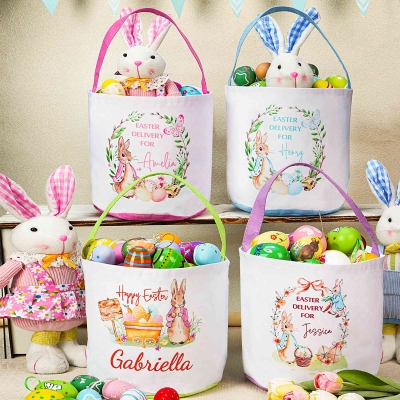 Personalized Name Floral Peter Rabbit Polka Dots Easter Basket, Easter Egg Hunt Bucket Bag, Large Capacity Goodie Bag, Easter Gift for Kids/Boys/Girls