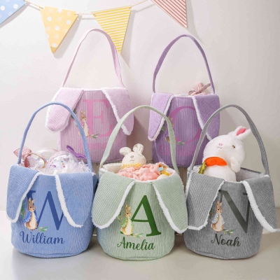 Personalized Name Peter Rabbit Alphabet Easter Basket, Large Capacity Corduroy Easter Bucket Bag with Bunny Ears, Easter Gift for Kids/Boys/Girls