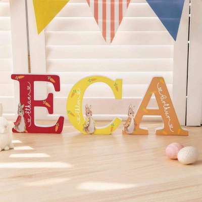 Personalized Name Cute Peter Rabbit Alphabet Ornament, Easter Party Favor Desk Decor, Easter Basket Stuffer, Baby Shower/Easter Gift for Newborns/Kids