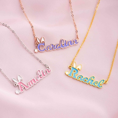 Personalized Name Enamel Bunny Necklace, Rabbit Ears Nameplate Necklace, Sterling Silver 925 Dainty Jewelry, Birthday/Easter Gift for Kids/Girls/Women