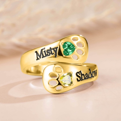 Custom Engraved Dog Paw Ring with Heart Birthstone, Sterling Silver 925 Pet Memorial Adjustable Ring, Birthday/Anniversary Gift for Pet Owners/Lovers