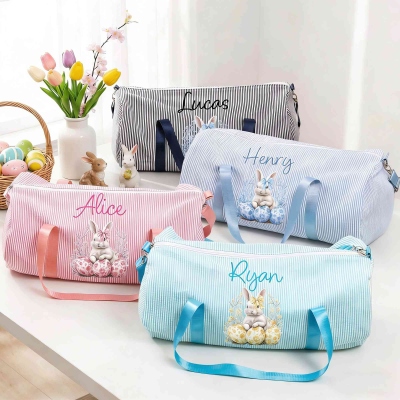 Personalized Name Easter Toile de Jouy Bow Bunny & Eggs Striped Duffle Bag, Children's Overnight Travel Bag, Easter/Birthday Gift for Kids/Boys/Girls