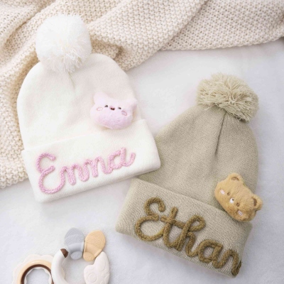 Custom Baby Knit Hat with Yarn Name, Winter Beanie with Animal Accessory, Warm Hat with Pom Pom, Easter/Baby Shower/Birthday Gift for Newborn/Kids