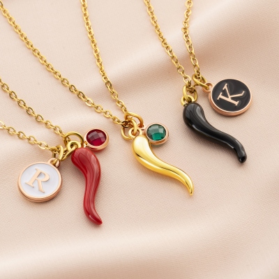 Personalized Enamel Cornicello Lucky Horn Charm Necklace with Birthstone & Initial, Chili Pepper Pendant Necklace, Birthday Gift for Italian Women