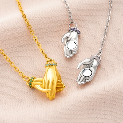 Personalized Magnetic Holding Hands Ring Holder Necklace with Birthstones, Hand in Hand Friendship/Couple Necklace, Gift for Her/Mom/Couple/Besties
