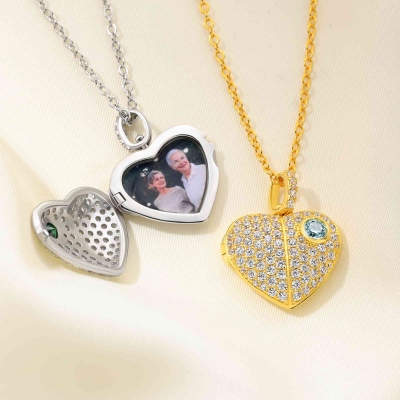 Personalized Photo Heart Locket Necklace with Birthstone, Sterling Silver 925 Memorial Pendant Jewelry, Birthday/Mother's Day Gift for Her/Mom/Grandma