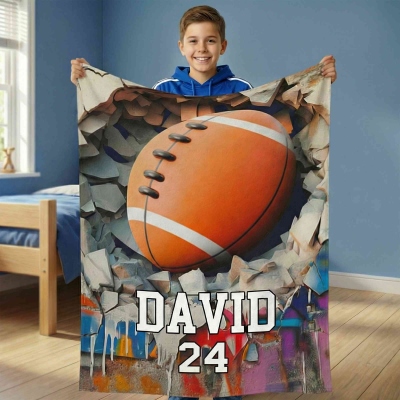 Personalized Name & Number Sports Ball Blanket, Flannel/Sherpa Ball Game Design Throw for Bed Couch, Home Decor, Gift for Sports Lovers/Players