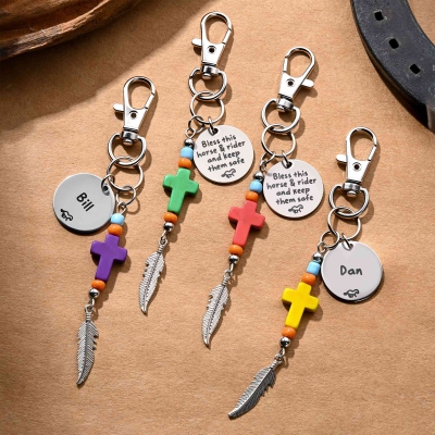 Personalized Name Cross Bridle Charm Keychain, Bless This Horse & Rider And Keep Them Safe Saddle Charm with Feather/Tassel, Gift for Horse Lovers