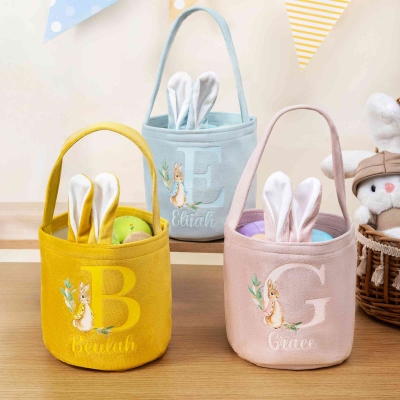Personalized Name Peter Rabbit Alphabet Easter Basket with Bunny Ears & Tail, Easter Bucket Bag Party Favor, Easter Gift for Kids/Boys/Girls