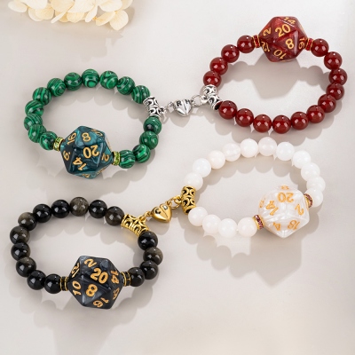 Personalized DND Magnetic D20 Bracelets for Couples, Custom Initials Elastic Dice Beaded Bracelet, Perfect Valentine's Day Gift