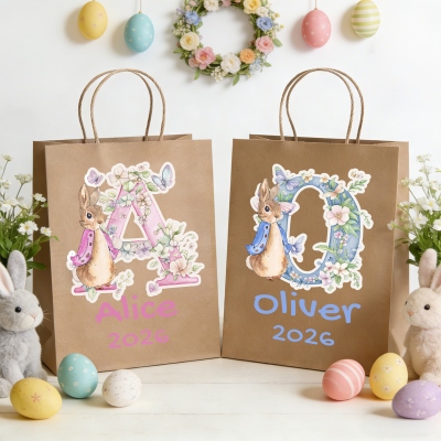 Personalized Name & Year Peter Rabbit Floral Alphabet Kraft Paper Bags (Set of 3), Easter Party Favors, Easter Gifts for Kids/Boys/Girls