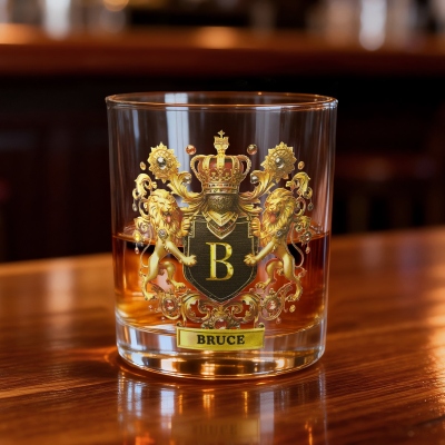 Custom Name Eagle/Horse/Lion Crown Alphabet Coat of Arms Wine Glass, 10oz Whiskey Old Fashioned Glass, Birthday/Father's Day Gift for Him/Dad/Grandpa