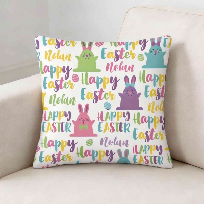 Personalized Name Colorful Bunny Happy Easter Throw Pillow Cover, Pillowcase with Optional Insert, Home Decor, Easter Gift for Kids/Family