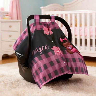 Personalized Name Cartoon Afro Baby Boy Girl Bow Plaid Car Seat Canopy, Breathable Stroller Cover, Birthday/Baby Shower Gift for Newborns/New Parents