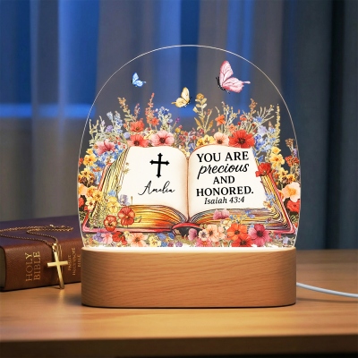 Personalized Floral Bible Verse LED Night Light with Name, Acrylic Night Lamp with Wooden Base, Home Decor, Christian/Birthday Gift for Family/Friends