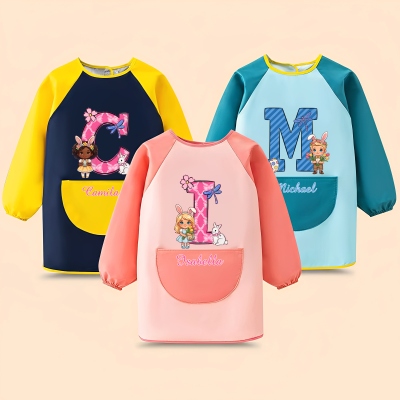Custom Name Cartoon Easter Boy/Girl Character Alphabet Long Sleeve Children's Painting Apron, Art Smock with Pocket, Birthday/Easter Gift for Kids