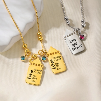 Custom Engraved 1-3 Baby Bottles Baby Birth Stats ID Necklace with Birthstones, Birth Announcement Jewelry, Baby Shower Gift for Newborns/New Moms
