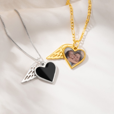 Custom Engraved Heat-Activated Hidden Photo Angel Wing Heart Necklace, Magic Secret Image Necklace, Birthday/Sympathy/Memorial Gift for Family/Friends