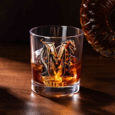 Personalized Name Dragon Alphabet Wine Glass, 10oz Bourbon Whiskey Old Fashioned Glass, Birthday/Father's Day/Wedding Gift for Him/Dad/Best Men