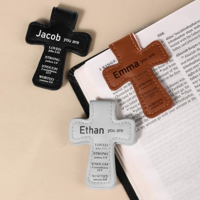 Custom Name Bible Verses Cross Shaped Leather Bookmark, Magnetic Christian Bookmark Clip, Baptism/Confirmation Gift for Book Lovers/Family/Friends