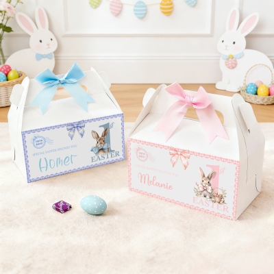 Personalized Name First Easter Bunny Bow Gift Boxes with Handles (Set of 2), Easter Treat Boxes, Easter Party Favors, Easter Gifts for Babies/Kids