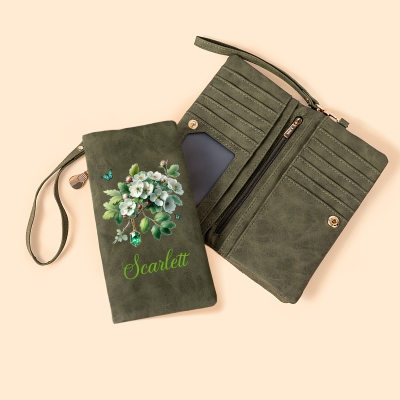 Custom Name Birthstone & Birth Flower Tri-Fold Wallet, Leather Wallet Card Phone Holder with Wrist Strap, Birthday/Mother's Day Gift for Her/Mom/Women