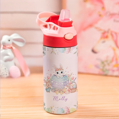 Personalized Name Cracked Egg Bunny Water Bottle, Stainless Steel 12oz Tumbler with Silicone Straw & Spill-Proof Lid, Birthday/Easter Gift for Kids