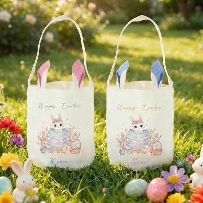 Personalized Name Watercolor Cracked Egg Bunny Easter Basket, Cotton Linen Easter Bucket Bag with Bunny Ears, Easter Gift for Kids/Boys/Girls