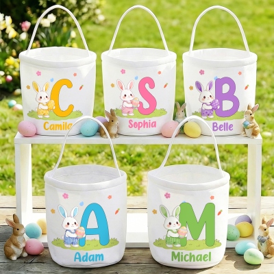 Personalized Name Cartoon Bunny & Colorful Egg Alphabet Easter Basket, Easter Egg Hunt Canvas Bucket Bag, Easter Gift for Kids/Boys/Girls