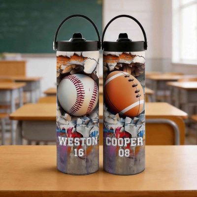 Personalized Name & Number Sports Ball Water Bottle, Stainless Steel 20oz Insulated Tumbler with Straw & Handle, Gift for Sports Lovers/Players