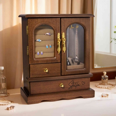 Personalized Engraved Name Mini Cabinet Jewelry Box, Walnut Vintage Jewelry Organizer Box, Christmas/Birthday/Wedding/Gift for Her/Mom/Bridesmaids