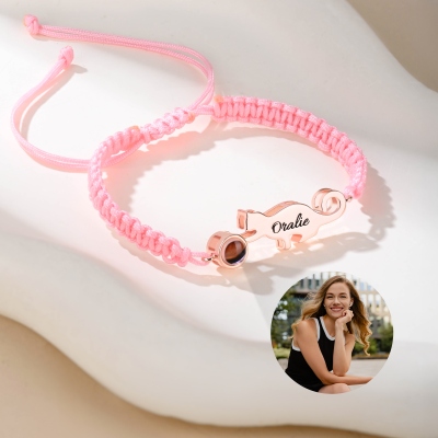 Custom Name Photo Projection Cat Charm Braided Bracelet, I Love You in 100 Languages Adjustable Bracelet, Pet Memorial Jewelry, Gift for Cat Mom/Dad