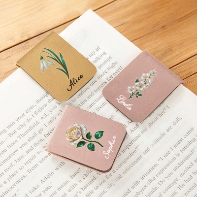 Custom Name Mother of Pearl Effect Birth Flower Bookmark, Magnetic Leather Bookmark Clip, Birthday/Anniversary Gift for Book Lovers/Librarians/Women