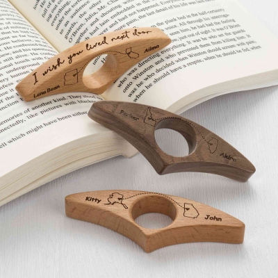 Custom Names & US State Maps Engraved Long Distance Thumb Book Page Holder, Wooden Book Accessory, Birthday/Anniversary Gift for Family/Friends/Couple