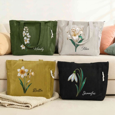 Custom Name Mother of Pearl Effect Birth Flower Corduroy Tote Bag, Large Capacity Zippered Handbag with Side Pockets, Birthday Gift for Her/Mom/Women